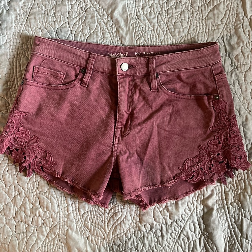 Pink High Waist Shorts with Frayed Hem & Lace